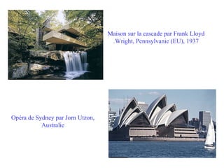 Maison sur la cascade par Frank Lloyd
.Wright, Pennsylvanie (EU), 1937

Opéra de Sydney par Jorn Utzon,
Australie

 