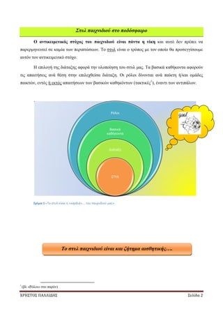 ΧΡΗΣΤΟΣ ΠΑΛΛΙΔΗΣ Σελίδα 2
Στυλ παιχνιδιού στο ποδόσφαιρο
Ο αντικειμενικός στόχος του παιχνιδιού είναι πάντα η νίκη και αυτό δεν πρέπει να
παρερμηνευτεί σε καμία των περιπτώσεων. Το στυλ είναι ο τρόπος με τον οποίο θα προσεγγίσουμε
αυτόν τον αντικειμενικό στόχο.
Η επιλογή της διάταξης αφορά την υλοποίηση του στυλ μας. Τα βασικά καθήκοντα αφορούν
τις απαιτήσεις ανά θέση στην επιλεχθείσα διάταξη. Οι ρόλοι δίνονται ανά παίκτη ή/και ομάδες
παικτών, εντός ή εκτός απαιτήσεων των βασικών καθηκόντων (τακτικές1
), έναντι των αντιπάλων.
Σχήμα 1 «Το στυλ είναι η «καρδιά»…. του παιχνιδιού μας»
1
(βλ «Ρόλοι» στο παρόν)
Ρόλοι
Βασικά
καθήκοντα
Διάταξη
ΣΤΥΛ
Το στυλ παιχνιδιού είναι και ζήτημα αισθητικής….
 