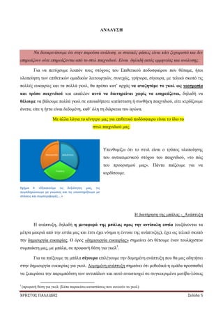 ΧΡΗΣΤΟΣ ΠΑΛΛΙΔΗΣ Σελίδα 5
ΑΝΑΛΥΣΗ
Να διευκρινίσουμε ότι στην παρούσα ανάλυση, οι στατικές φάσεις είναι κάτι ξεχωριστό και δεν
επηρεάζουν ούτε επηρεάζονται από το στυλ παιχνιδιού. Είναι δηλαδή εκτός ερμηνείας και ανάλυσης.
Για να πετύχουμε λοιπόν τους στόχους του Επιθετικού ποδοσφαίρου που θέσαμε, ήτοι
υλοποίηση των επιθετικών ομαδικών λειτουργιών, συνεχώς, γρήγορα, σίγουρα, με τελικό σκοπό τις
πολλές ευκαιρίες και τα πολλά γκολ, θα πρέπει κατ’ αρχάς να αναζητάμε το γκολ ως νοοτροπία
και τρόπο παιχνιδιού και επιπλέον αυτό να διατηρείται χωρίς να επηρεάζεται, δηλαδή να
θέλουμε να βάλουμε πολλά γκολ σε οποιαδήποτε κατάσταση ή συνθήκη παιχνιδιού, είτε κερδίζουμε
άνετα, είτε η ήττα είναι δεδομένη, καθ΄ όλη τη διάρκεια του αγώνα.
Με άλλα λόγια το κίνητρο μας για επιθετικό ποδόσφαιρο είναι το ίδιο το
στυλ παιχνιδιού μας.
Υπενθυμίζω ότι το στυλ είναι ο τρόπος υλοποίησης
του αντικειμενικού στόχου του παιχνιδιού, «το πώς
του προορισμού μας». Πάντα παίζουμε για να
κερδίσουμε.
Σχήμα 4 «Εξασκούμε τις δεξιότητες μας, τις
συμπληρώνουμε με γνώσεις και τις υποστηρίζουμε με
στάσεις και συμπεριφορές….»
Η διατήρηση της μπάλας -_Ανάπτυξη
Η ανάπτυξη, δηλαδή η μεταφορά της μπάλας προς την αντίπαλη εστία (αυξάνονται τα
μέτρα μακριά από την εστία μας και έτσι έχει νόημα η έννοια της ανάπτυξης), έχει ως τελικό σκοπό
την δημιουργία ευκαιρίας. Ο όρος «δημιουργία ευκαιρίας» σημαίνει ότι θέτουμε έναν τουλάχιστον
συμπαίκτη μας, με μπάλα, σε προφανή θέση για γκολ5
.
Για να παίξουμε τη μπάλα σίγουρα επιλέγουμε την δομημένη ανάπτυξη που θα μας οδηγήσει
στην δημιουργία ευκαιρίας για γκολ. Δομημένη ανάπτυξη σημαίνει ότι μεθοδικά η ομάδα προσπαθεί
να ξεπεράσει την παρεμπόδιση των αντιπάλων και αυτό αντιστοιχεί σε συγκεκριμένα μοτίβα-λύσεις
5
(προφανή θέση για γκολ: βλέπε παρακάτω καταστάσεις που ευνοούν το γκολ)
Δεξιότητες
Γνώσεις
Νοοτροπία
 