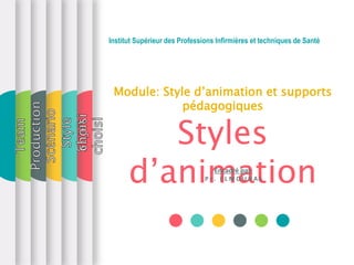 Institut Supérieur des Professions Infirmières et techniques de Santé
Styles
d’animation
Module: Style d’animation et supports
pédagogiques
Encadré par:
P r . E L M O U H A L
 