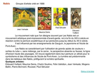 Nabis       Groupe d'artiste créé en 1888




            Le mouvement nabi que l'on désigne souvent par Les Nabis est un
 mouvement artistique post-impressionniste d'avant-garde, né à la fin du XIX è siècle en
 réaction contre la peinture académique et qui perdurera jusqu'au début du XX è siècle.
            Il est influencé par les enseignements de Gauguin, le japonisme et l'école de
 Pont-Aven.
            Les Nabis se caractérisent par l'utilisation de grands aplats de couleurs «
 sorties du tube », sans mélange, par le cerne , la perspective absente ou fausse, la ligne
 d'horizon haute des paysages. On trouve également dans leur peinture un attrait pour le
 symbolisme et des influences de l'école de Pont-Aven. La lumière est prédominante
 dans les tableaux des Nabis, préfigurant la lumière spirituelle.
 Quelques artistes:
 Edouard Vuillard, Maurice Denis, Chaïm Soutine, Félix Vallotton, Jean Verkade, Mogens
 Ballin, Pierre Bonnard, Roussel, Paul Sérusier

                                                                                 Retour à la liste
 