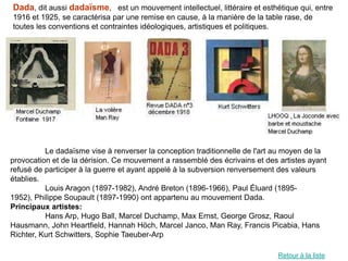 Dada, dit aussi dadaïsme, est un mouvement intellectuel, littéraire et esthétique qui, entre
1916 et 1925, se caractérisa par une remise en cause, à la manière de la table rase, de
toutes les conventions et contraintes idéologiques, artistiques et politiques.




          Le dadaïsme vise à renverser la conception traditionnelle de l'art au moyen de la
provocation et de la dérision. Ce mouvement a rassemblé des écrivains et des artistes ayant
refusé de participer à la guerre et ayant appelé à la subversion renversement des valeurs
établies.
          Louis Aragon (1897-1982), André Breton (1896-1966), Paul Éluard (1895-
1952), Philippe Soupault (1897-1990) ont appartenu au mouvement Dada.
Principaux artistes:
          Hans Arp, Hugo Ball, Marcel Duchamp, Max Ernst, George Grosz, Raoul
Hausmann, John Heartfield, Hannah Höch, Marcel Janco, Man Ray, Francis Picabia, Hans
Richter, Kurt Schwitters, Sophie Taeuber-Arp

                                                                             Retour à la liste
 