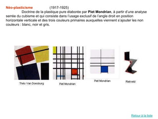 Néo-plasticisme                (1917-1925)
           Doctrine de la plastique pure élaborée par Piet Mondrian, à partir d’une analyse
serrée du cubisme et qui consiste dans l’usage exclusif de l’angle droit en position
horizontale verticale et des trois couleurs primaires auxquelles viennent s’ajouter les non
couleurs : blanc, noir et gris.




                                                                                Retour à la liste
 