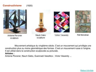 Constructivisme        (1920)




              Mouvement artistique du vingtième siècle. C’est un mouvement qui privilégie une
 construction plus ou moins géométrique des formes. C’est un mouvement russe à l’origine.
 Il est utilisé dans la construction sculpturale ou picturale.
 Artistes :
 Antoine Pevsner, Naum Gabo, Guennadi Vassilkov , Victor Vasarely ...




                                                                                 Retour à la liste
 