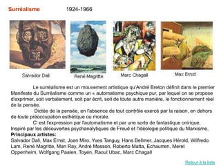 Surréalisme               1924-1966




          Le surréalisme est un mouvement artistique qu‘André Breton définit dans le premier
Manifeste du Surréalisme comme un « automatisme psychique pur, par lequel on se propose
d'exprimer, soit verbalement, soit par écrit, soit de toute autre manière, le fonctionnement réel
de la pensée.
           Dictée de la pensée, en l'absence de tout contrôle exercé par la raison, en dehors
de toute préoccupation esthétique ou morale.
          C' est l'expression par l'automatisme et par une sorte de fantastique onirique.
Inspiré par les découvertes psychanalytiques de Freud et l'idéologie politique du Marxisme.
Principaux artistes:
Salvador Dali, Max Ernst, Joan Miro, Yves Tanguy, Hans Bellmer, Jacques Hérold, Wilfredo
Lam, René Magritte, Man Ray, André Masson, Roberto Matta, Echaurren, Meret
Oppenheim, Wolfgang Paalen, Toyen, Raoul Ubac, Marc Chagall

                                                                                   Retour à la liste
 