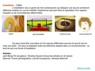 Installation (1960)
           L'installation' est un genre de l'art contemporain qui désigne une œuvre combinant
différents médias en vue de modifier l'expérience que peut faire le spectateur d'un espace
singulier ou de circonstances déterminées




           Ça peut aussi être une pièce où l'on expose différentes œuvres et que le tout en
crée une autre. On peut se déplacer entre les éléments répartis dans un environnement. Le
land art est une forme d’installation.

Artistes :
Jack Beng-Thi (scupteur), Teruhisa Suzuki et tous les artistes en art actuel.
Spencer Tunick (photographe), Lee Bul (sculpture), Vanessa Beecroft



                                                                                Retour à la liste
 