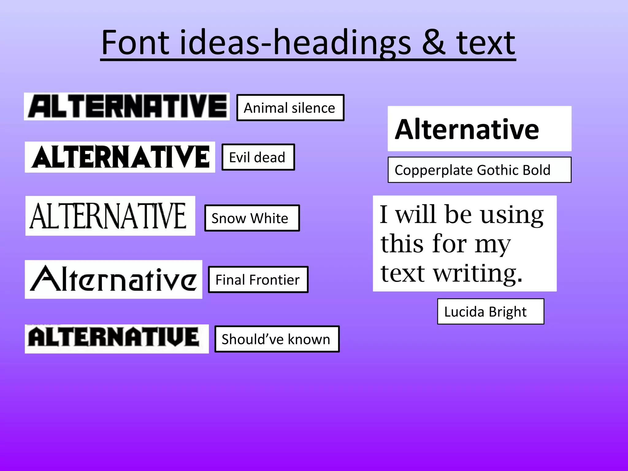 Font ideas-headings & text
Animal silence
Evil dead
Snow White
Final Frontier
Should’ve known
Alternative
Copperplate Gothic Bold
I will be using
this for my
text writing.
Lucida Bright