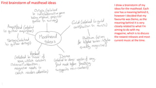 First brainstorm of masthead ideas
I drew a brainstorm of my
ideas for the masthead. Each
one has a meaning behind it,
however I decided that my
favourite was Demo, as the
meaning behind it is very
closely related to what I’m
aiming to do with my
magazine, which is to discuss
the newest releases and most
current music at the time.
 