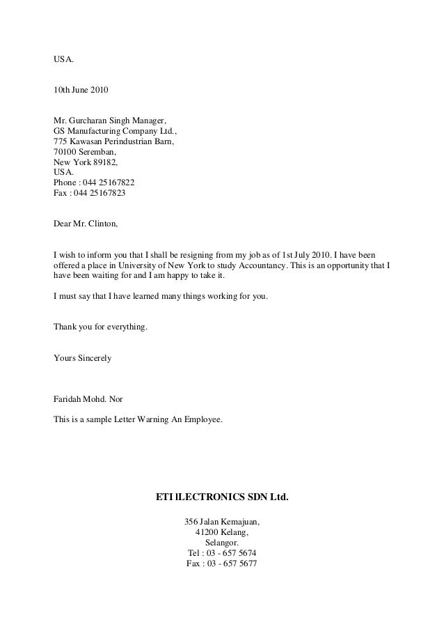 format of resigning letter