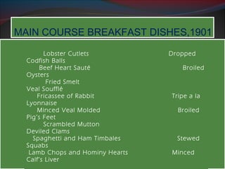 C MAIN COOUURRSSEE BBRREEAAKKFFAASSTT DDIISSHHEESS,,11990011 
Lobster Cutlets Dropped 
Codfish Balls 
Beef Heart Sauté Broiled 
Oysters 
Fried Smelt 
Veal Soufflé 
Fricassee of Rabbit Tripe a la 
Lyonnaise 
Minced Veal Molded Broiled 
Pig’s Feet 
Scrambled Mutton 
Deviled Clams 
Spaghetti and Ham Timbales Stewed 
Squabs 
Lamb Chops and Hominy Hearts Minced 
Calf’s Liver 
 