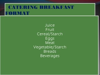 CATERING BREAKFAST 
FORMAT 
Juice 
Fruit 
Cereal/Starch 
Eggs 
Meat 
Vegetable/Starch 
Breads 
Beverages 
 