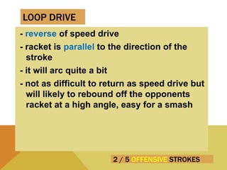 2 / 5 OFFENSIVE STROKES
- reverse of speed drive
- racket is parallel to the direction of the
stroke
- it will arc quite a bit
- not as difficult to return as speed drive but
will likely to rebound off the opponents
racket at a high angle, easy for a smash
LOOP DRIVE
 