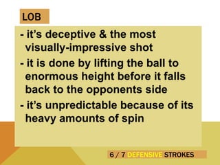 6 / 7 DEFENSIVE STROKES
- it’s deceptive & the most
visually-impressive shot
- it is done by lifting the ball to
enormous height before it falls
back to the opponents side
- it’s unpredictable because of its
heavy amounts of spin
LOB
 