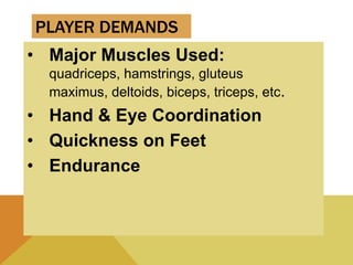 • Major Muscles Used:
quadriceps, hamstrings, gluteus
maximus, deltoids, biceps, triceps, etc.
• Hand & Eye Coordination
• Quickness on Feet
• Endurance
PLAYER DEMANDS
 