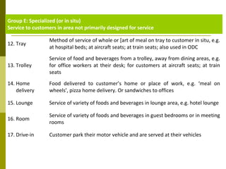Group E: Specialized (or in situ)
Service to customers in area not primarily designed for service
12. Tray
Method of service of whole or [art of meal on tray to customer in situ, e.g.
at hospital beds; at aircraft seats; at train seats; also used in ODC
13. Trolley
Service of food and beverages from a trolley, away from dining areas, e.g.
for office workers at their desk; for customers at aircraft seats; at train
seats
14. Home
delivery
Food delivered to customer’s home or place of work, e.g. ‘meal on
wheels’, pizza home delivery. Or sandwiches to offices
15. Lounge Service of variety of foods and beverages in lounge area, e.g. hotel lounge
16. Room
Service of variety of foods and beverages in guest bedrooms or in meeting
rooms
17. Drive-in Customer park their motor vehicle and are served at their vehicles
 