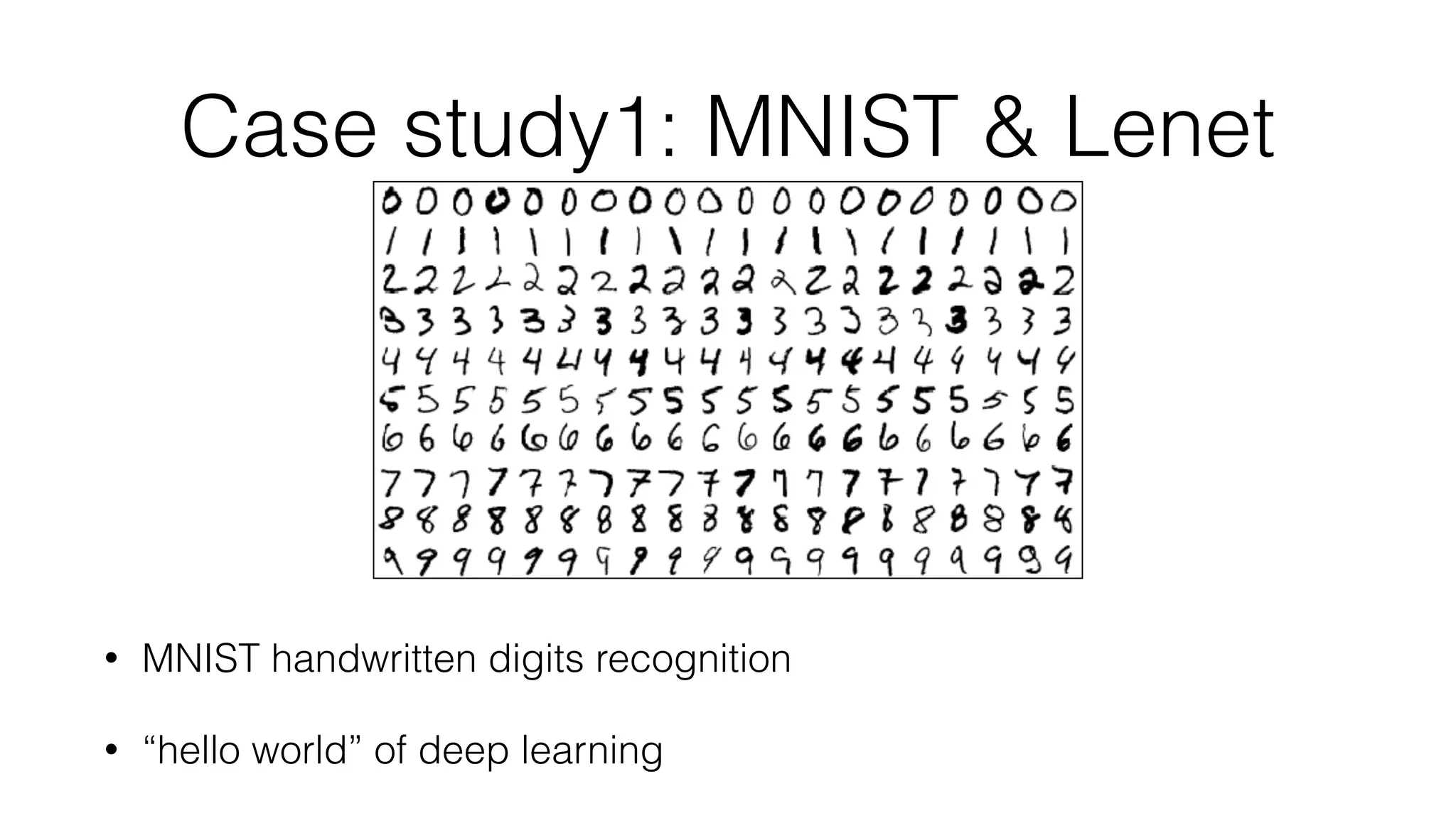 Case study1: MNIST & Lenet
• MNIST handwritten digits recognition
• “hello world” of deep learning
 