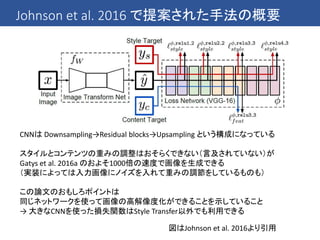 Johnson et al. 2016 で提案された手法の概要
図はJohnson et al. 2016より引用
CNNは Downsampling→Residual blocks→Upsampling という構成になっている
スタイルとコンテンツの重みの調整はおそらくできない（言及されていない）が
Gatys et al. 2016a のおよそ1000倍の速度で画像を生成できる
（実装によっては入力画像にノイズを入れて重みの調節をしているものも）
この論文のおもしろポイントは
同じネットワークを使って画像の高解像度化ができることを示していること
→ 大きなCNNを使った損失関数はStyle Transfer以外でも利用できる
 