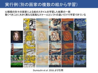 実行例（別の画家の複数の絵から学習）
32種類の別々の画家による絵のスタイルを学習した結果の一部
驚くべきことに大きく異なる画風もスケールとシフトの違いだけで学習できている
Dumoulin et al. 2016 より引用
 