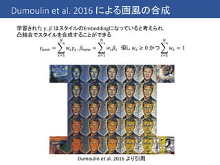 Dumoulin et al. 2016 による画風の合成
学習された 𝛾, 𝛽 はスタイルのEmbeddingになっていると考えられ，
凸結合でスタイルを合成することができる
𝛾new =
𝑠=1
𝑁
𝑤𝑠 𝛾𝑠 , 𝛽new =
𝑠=1
𝑁
𝑤𝑠 𝛽𝑠 但し 𝑤𝑠 ≥ 0 かつ
𝑠=1
𝑁
𝑤𝑠 = 1
Dumoulin et al. 2016 より引用
 