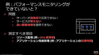 © 2019, Amazon Web Services, Inc. or its affiliates. All rights reserved.
例︓パフォーマンスモニタリングが
できていないと︖
Ø 問題
Ø サーバーが過負荷で応答できない
Ø サービスが使えない
Ø 良い顧客体験を提供できない
Ø 測定すべき項⽬
Ø リソース監視 (例 : CPU 使⽤率)
Ø アプリケーション性能管理 (例 : アプリケーションの処理時間)
 