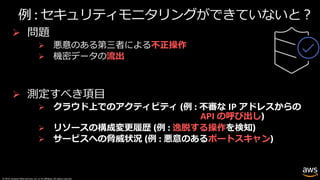 © 2019, Amazon Web Services, Inc. or its affiliates. All rights reserved.
例 : セキュリティモニタリングができていないと︖
Ø 問題
Ø 悪意のある第三者による不正操作
Ø 機密データの流出
Ø 測定すべき項⽬
Ø クラウド上でのアクティビティ (例 : 不審な IP アドレスからの
API の呼び出し)
Ø リソースの構成変更履歴 (例 : 逸脱する操作を検知)
Ø サービスへの脅威状況 (例 : 悪意のあるポートスキャン)
 