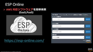 © 2019, Amazon Web Services, Inc. or its affiliates. All rights reserved.
ESP Online
https://esp-online.com/
Ø AWS 対応ソフトウェアを簡単検索
(SaaS,PaaS)
 