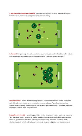 4. Wycofanie się i odbudowa ustawienia: Poruszanie się zawodnika lub grupy zawodników do tyłu w kierunku własnej bramki w celu zreorganizowania ustawienia obrony. 
5. Kompakt: Konglomeracja obrońców w centralnej części boiska, ochrona bramki, odcinanie linii podania oraz zapobieganie wykreowaniu szansy do zdobycia bramki. Zawężanie i skracanie pola gry. 
Przewidywalność – celowe ukierunkowanie przeciwnika w określone przestrzenie boiska. Szczególnie na te dobrze bronione miejsca lub na mniej ważne przestrzenie boiska. Przewidywalność zwiększa szansę na odebranie piłki i zmniejsza szanse przeciwnika na wykreowanie sytuacji strzeleckiej. Tworzenie mocniejszej i słabszej strony piłki (prawa/lewa). 
Dyscyplina (cierpliwość) – zawodnicy powinni być cierpliwi i nieustannie oceniać ryzyko (np. ustawienie, 1x1). Scenariusz sytuacji cały czas się zmienia i zawodnicy muszą ciągle dostosowywać się do sytuacji, starać się ją kontrolować i nieustanie odbudowywać na nowo swoje ustawienie. Zawodnicy muszą również nieustannie kontrolować/ być uważnym na swoje otocznie i być gotowym na reakcję (zmiany) 
 
