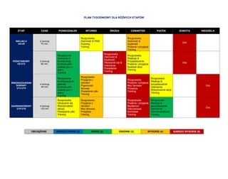 PLAN TYGODNIOWY DLA RÓŻNYCH ETAPÓW 
ETAP CZAS PONIEDZIAŁEK WTOREK ŚRODA CZWARTEK PIĄTEK SOBOTA NIEDZIELA INICJACJI U6-U8 2 treningi 75 min. 
Rozgrzewka Zwinność & PMS Drybling Trening 
Rozgrzewka Zwinność & szybkość Podania i przyjęcia Trening 
Gra 
PODSTAWOWY U9-U12 3 treningi 90 min. Rozgrzewka Zwinność & koordynacja Kontrola piłki Zasady gry w ataku Trening 
Rozgrzewka Zwinność & Szybkość Obracanie się & Uderzenia Posiadanie Trening Rozgrzewka Reakcja & Przyspieszenie Podania i przyjęcia Budowa akcji Trening 
Gra 
ŚREDNIOZAAWANSOWANY U13-U14 4 treningi 90 min Rozgrzewka Koordynacja & gibkość Kontrola piłki Zasady gry w ataku Trening Rozgrzewka Przyjęcia z obrotem Pojemność tlenowa Posiadanie piłki Trening 
Rozgrzewka Podania i przyjęcia Moc tlenowa Przejścia Trening Rozgrzewka Reakcja & przyspieszenie Uderzenia Wykończenie akcji Trening 
Gra ZAAWANSOWANY U15-U18 4 treningi 120 min Rozgrzewka Obracanie się Wytrzymałość siłowa Posiadanie piłki Trening Rozgrzewka Przyjęcia z obrotem Moc tlenowa Przejścia Trening 
Rozgrzewka Podania i przyjęcia Beztlenow mleczanowa Kontratak Trening Rozgrzewka Reakcja & przyspieszenie Uderzenie Obrona strefowa Trening 
Gra 
OBCIĄŻENIE BARDZO NISKIE (1) NISKIE (2) ŚREDNIE (3) WYSOKIE (4) BARDZO WYSOKIE (5)  