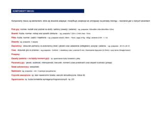 Komponenty meczu są elementami, które się dowolnie adaptuje i modyfikuje (zwiększa lub zmniejsza) na potrzeby treningu – tworzenie gier o różnych akcentach. 
Pole gry: rozmiar, kształt oraz podział na strefy i sektory (zasady i zadania) - wg. przepisów 105mx68m (45m-90m//90m-120m) 
Bramki: liczba, rozmiar, rodzaj oraz sposób zdobycia - wg. przepisów 7,32m x 2,44m (max. 12cm) 
Piłka: liczba, rozmiar, części i trajektoria – wg. przepisów obwód ( 68cm – 70cm), waga (410g - 450g), ciśnienie (0,6A - 1,1 A) 
Zespoły: wg. przepisów 2 zespoły 
Zawodnicy: stosunek partnerzy vs przeciwnicy (ilość i jakość) oraz ustawienie (odległości), pozycje i zadania. - wg. przepisów – B+10 x B+10 
Czas: stosunek gra vs przerwa – wg przepisów - 2x45min. + dodatkowy czas ( przerwa15 min). Ewentualnie dogrywka (2x15min) i rzuty karne (5/nagła śmierć) 
Przepisy: 
Zasady (zadania – na każdy moment gry): np. ograniczenie liczby kontaktów z piłką 
Parametry gry : jakość, szybkość, intensywność, kierunek, moment (czas-przestrzeń) oraz stopień trudności (presja) 
Sztab szkoleniowy: wskazówki 
Sędziowie: wg. przepisów – min. 3 (sankcje dyscyplinarne) 
Czynniki zewnętrzne: np. stan nawierzchni boiska, warunki atmosferyczne, kibice itd. 
Ograniczenia: np. liczba kontaktów wymaganych/ograniczonych np. 2/3 
KOMPONENTY MECZU  