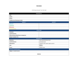 ĆWICZENIE 
„Cele kreują ćwiczenia” Luis Van Gaal 
ĆWICZENIE NR : 
Etap: 
Aspekt: 
Akcent: 
Cel/Motoryczny/Fizjologiczny Efekt: ASPEKTY: AKCENTY: 
Taktyczny: 
Techniczny: 
Motoryczny: 
Psychospołeczny: 
STRUKTURA 
Przestrzeń: 
Czas/Powtórzenia: 
Rekomendowany Wiek/Poziom Umiejętności: 
Stopień Trudności (1-5): 
ORGANIZACJA 
Zawodnicy: 
liczba zawodników/liczba drużyn 
Czas/Powtórzenia: 
praca/odpoczynek 
Wyposażenie: 
urządzenia, piłki, koszulki, kapsle, tyczki itd. 
Opis: 
Wariant I: 
Wariant II: 
Pomoc: 
dostępne osoby Kluczowe Punkty/Obciążenie: 
Uwagi: np. rezultat ćwiczenia 
GRAFIKA 
 