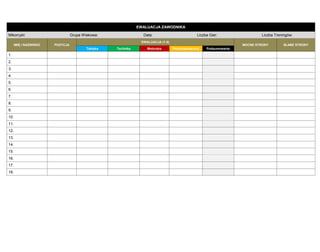 EWALUACJA ZAWODNIKA Mikorcykl: Grupa Wiekowa: Data: Liczba Gier: Liczba Treningów: IMIĘ I NAZWISKO POZYCJA EWALUACJA (1-5) MOCNE STRONY SŁABE STRONY Taktyka Technika Motoryka Psychospołeczny Podsumowanie 
1. 
2. 
3. 
4. 
5. 
6. 
7. 
8. 
9. 
10. 
11. 
12. 
13. 
14. 
15. 
16. 
17. 
18. 
 