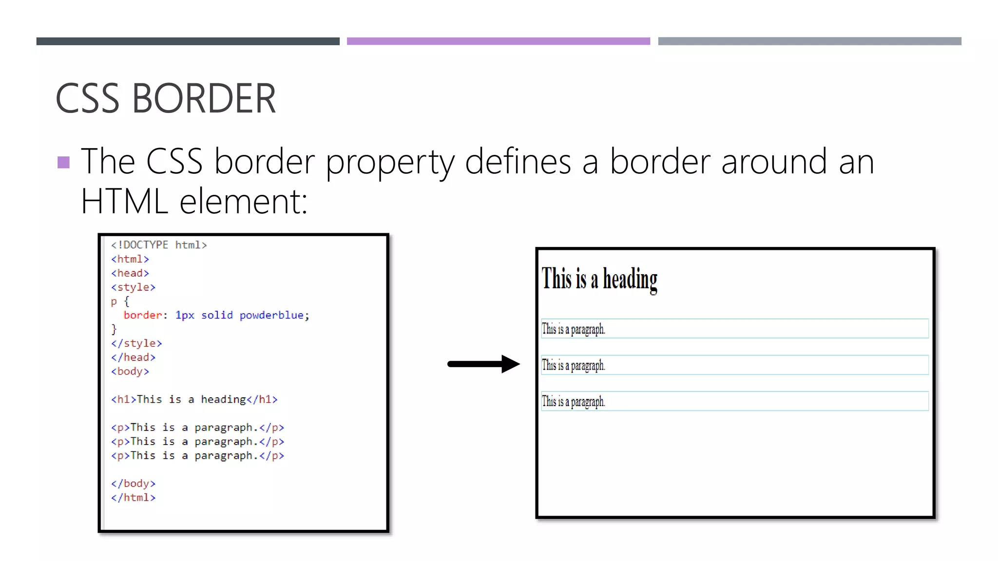 CSS BORDER
 The CSS border property defines a border around an
HTML element:
 