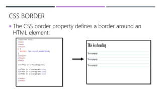 CSS BORDER
 The CSS border property defines a border around an
HTML element:
 