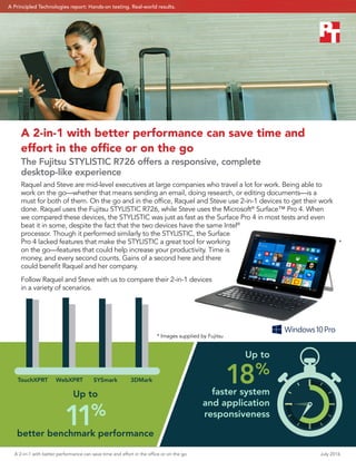 A 2-in-1 with better performance can save time and effort in the office or on the go	 July 2016
Up to
11%
better benchmark performance
Up to
18%
faster system
and application
responsiveness
A 2-in-1 with better performance can save time and
effort in the office or on the go
The Fujitsu STYLISTIC R726 offers a responsive, complete
desktop‑like experience
Raquel and Steve are mid-level executives at large companies who travel a lot for work. Being able to
work on the go—whether that means sending an email, doing research, or editing documents—is a
must for both of them. On the go and in the office, Raquel and Steve use 2-in-1 devices to get their work
done. Raquel uses the Fujitsu STYLISTIC R726, while Steve uses the Microsoft®
Surface™ Pro 4. When
we compared these devices, the STYLISTIC was just as fast as the Surface Pro 4 in most tests and even
beat it in some, despite the fact that the two devices have the same Intel®
processor. Though it performed similarly to the STYLISTIC, the Surface
Pro 4 lacked features that make the STYLISTIC a great tool for working
on the go—features that could help increase your productivity. Time is
money, and every second counts. Gains of a second here and there
could benefit Raquel and her company.
Follow Raquel and Steve with us to compare their 2-in-1 devices
in a variety of scenarios.
TouchXPRT WebXPRT SYSmark 3DMark
*
* Images supplied by Fujitsu
A Principled Technologies report: Hands-on testing. Real-world results.
 