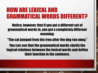 HOW ARE LEXICAL AND
GRAMMATICAL WORDS DIFFERENT?
Notice, however, that if you put a different set of
grammatical words in, you get a completely different
meaning:
“The cat jumped from the tree after the dog ran away.”
You can see that the grammatical words clarify the
logical relations between the lexical words and define
their function in the sentence.
 