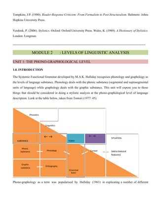 Tompkins, J.P. (1980). Reader-Response Criticism: From Formalism to Post-Structuralism. Baltmore: Johns
Hopkins University Press.
Verdonk, P. (2006). Stylistics. Oxford: Oxford University Press. Wales, K. (1989). A Dictionary of Stylistics.
London: Longman.
============================================================================
MODULE 2 : LEVELS OF LINGUISTIC ANALYSIS
UNIT 1: THE PHONO-GRAPHOLOGICAL LEVEL
1.0. INTRODUCTION
The Systemic Functional Grammar developed by M.A.K. Halliday recognises phonology and graphology as
the levels of language substance. Phonology deals with the phonic substance (segmental and suprasegmental
units of language) while graphology deals with the graphic substance. This unit will expose you to those
things that should be considered in doing a stylistic analysis at the phono-graphological level of language
description. Look at the table below, taken from Tomori (1977: 45).
Phono-graphology as a term was popularised by Halliday (1961) in explicating a number of different
Phonetics
Linguistics
SITUATION
Phonic
Substance Phonology Context (extra-textural
features)
Graphic
substance
Orthography
(Grammar
lexis)
← →
FORM
← →
SUBSTANCE
 