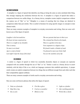 12. METAPHOR
A metaphor is a figure of speech that identifies one thing as being the same as some unrelated other thing,
thus strongly implying the similarities between the two. A metaphor is a figure of speech that makes a
comparison between two unlike things. As a literary device, metaphor creates implicit comparisons without
the express use of “like” or “as.” Metaphor is a means of asserting that two things are identical in
comparison rather than just similar. This is useful in literature for using specific images or concepts to state
abstract truths.
There are many common examples of metaphor in everyday conversation and writing. Here are some well-
known uses of this figure of speech:
Laughter is the best medicine.
His heart of stone surprised me.
There is a weight on my shoulder.
Time is money.
No man is an island.
Age is a state of mind.
Last night I slept the sleep of the dead.
The new parents had stars in their eyes.
The criminal has blood on his hands.
There is a garden in her face.
Your argument is a slippery slope.
We found it under a blanket of sand.
I’m pleased to meet your better half.
You are the sunshine of my life.
13. SMILE
A simile is a figure of speech in which two essentially dissimilar objects or concepts are expressly
compared with one another through the use of “like” or “as.” Simile is used as a literary device to assert
similarity with the help of like or as, which are language constructs that establish equivalency. A proper
simile creates an explicit comparison between two things that are different enough from each other such that
their comparability appears unlikely:
There are many common examples of simile used in everyday conversation and writing.
Here are some well-known phrases that utilize this figure of speech:
 Nutty as a fruitcake
 Slept like a log
 Sly as a fox
 Fits like a glove
 Cool as a cucumber
 Blind as a bat
 Light as a feather
 Like watching paint dry
 Works like a charm
 