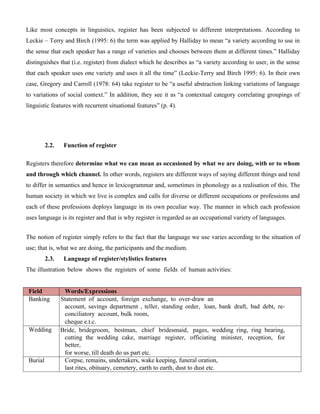 Like most concepts in linguistics, register has been subjected to different interpretations. According to
Leckie – Terry and Birch (1995: 6) the term was applied by Halliday to mean “a variety according to use in
the sense that each speaker has a range of varieties and chooses between them at different times.” Halliday
distinguishes that (i.e. register) from dialect which he describes as “a variety according to user, in the sense
that each speaker uses one variety and uses it all the time” (Leckie-Terry and Birch 1995: 6). In their own
case, Gregory and Carroll (1978: 64) take register to be “a useful abstraction linking variations of language
to variations of social context.” In addition, they see it as “a contextual category correlating groupings of
linguistic features with recurrent situational features” (p. 4).
2.2. Function of register
Registers therefore determine what we can mean as occasioned by what we are doing, with or to whom
and through which channel. In other words, registers are different ways of saying different things and tend
to differ in semantics and hence in lexicogrammar and, sometimes in phonology as a realisation of this. The
human society in which we live is complex and calls for diverse or different occupations or professions and
each of these professions deploys language in its own peculiar way. The manner in which each profession
uses language is its register and that is why register is regarded as an occupational variety of languages.
The notion of register simply refers to the fact that the language we use varies according to the situation of
use; that is, what we are doing, the participants and the medium.
2.3. Language of register/stylistics features
The illustration below shows the registers of some fields of human activities:
Field Words/Expressions
Banking Statement of account, foreign exchange, to over-draw an
account, savings department , teller, standing order, loan, bank draft, bad debt, re-
conciliatory account, bulk room,
cheque e.t.c.
Wedding Bride, bridegroom, bestman, chief bridesmaid, pages, wedding ring, ring bearing,
cutting the wedding cake, marriage register, officiating minister, reception, for
better,
for worse, till death do us part etc.
Burial Corpse, remains, undertakers, wake keeping, funeral oration,
last rites, obituary, cemetery, earth to earth, dust to dust etc.
 