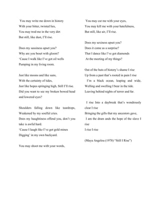 You may write me down in history
With your bitter, twisted lies,
You may trod me in the very dirt
But still, like dust, I’ll rise.
Does my sassiness upset you?
Why are you beset with gloom?
‘Cause I walk like I’ve got oil wells
Pumping in my living room.
Just like moons and like suns,
With the certainty of tides,
Just like hopes springing high, Still I’ll rise.
Did you want to see my broken bowed head
and lowered eyes?
Shoulders falling down like teardrops,
Weakened by my soulful cries.
Does my haughtiness offend you, don’t you
take is awful hard.
‘Cause I laugh like I’ve got gold mines
Digging’ in my own backyard.
You may shoot me with your words,
You may cut me with your eyes,
You may kill me with your hatefulness,
But still, like air, I’ll rise.
Does my sexiness upset you?
Does it come as a surprise?
That I dance like l’ve got diamonds
At the meeting of my things?
Out of the huts of history’s shame I rise
Up from a past that’s rooted in pain I rise
I’m a black ocean, leaping and wide,
Welling and swelling I bear in the tide.
Leaving behind nights of terror and far.
I rise Into a daybreak that’s wondrously
clear I rise
Bringing the gifts that my ancestors gave,
I am the dram ands the hope of the slave I
rise
I rise I rise
(Maya Angelou (1978) “Still I Rise”)
 