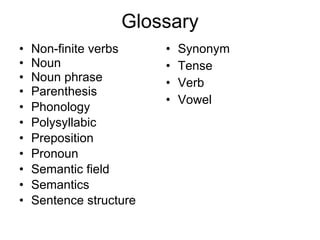 Glossary Non-finite verbs Noun  Noun phrase  Parenthesis Phonology  Polysyllabic  Preposition  Pronoun  Semantic field Semantics  Sentence structure Synonym Tense  Verb  Vowel 