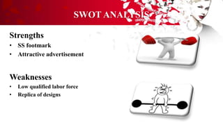 SWOT ANALYSIS
Strengths
• SS footmark
• Attractive advertisement
Weaknesses
• Low qualified labor force
• Replica of designs
 