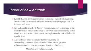 Threat of new entrants
1)

Established or growing market as companies exhibit solid earnings
and revenue figures which means industry is showing signs that it is
in its growth stage.

2)

No technicality involved. Supply chain is very easy to manage in this
industry as not much technology is involved in manufacturing of the
shoes and as a matter of fact outsourcing lowers the risk of failure in
production.

3)

New entrants need to differentiate by spending on
advertising, customer services and to some extent product
differentiation keeping the current situation of industry.

Threat of new entrants is high.

 