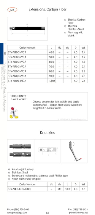 Extensions, Carbon Fiber

                                                                                                                    ⊕ Shanks: Carbon
                                                                                                                          Fiber
                                                                                                                    ⊕ Threads:
                                                                                                                          Stainless Steel
                                                                                                                    ⊕ Non-magnetic
                                                                                                                          shank



                                                                         Order Number                  L     ML       ds          D     Wt.
                                                             STY-N40-3NVCA                           40.0     —        —          4.0   1.4
                                    M3




                                                             STY-N50-3NVCA                           50.0     —        —          4.0   1.7
                                                             STY-N60-3NVCA                           60.0     —        —          4.0   1.8
                                                             STY-N70-3NVCA                           70.0     —        —          4.0   2.1
© 2006 Paul W. Marino Gages, Inc.
                           Extensions and Knuckle Adapters




                                                             STY-N80-3NVCA                           80.0     —        —          4.0   2.2
                                M4!




                                                             STY-N90-3NVCA                           90.0     —        —          4.0   2.3
                                                             STY-N100-3NCA                          100.0     —        —          4.0   2.5




                                                                 SOLUTIONS®
                                              M5




                                                                 “How it works”
                                                                                     Choose ceramic for light weight and stable
                                                                                     performance — carbon fiber saves even more
                                                                                     weight but is not as stable.
                                    M6




                                                                                                             © 2006 Paul W. Marino Gages, Inc.




                                                                                            Knuckles
                                    3/8-24
                                    Pins




                                                             ⊕    Knuckle joint, rotary
                                                             ⊕    Stainless Steel
                                    Reference Spheres




                                                             ⊕    Screws are replaceable, stainless steel Phillips type
                                                             ⊕    Nylon washers for long life

                                                                         Order Number                  dk    ds        L          D     Wt.
                                                             STY-N4.0-17-3NGBD                         —     M3      18.0         4.0   1.5
                                    Centerline Locators




                                                             Phone (586) 759-2400                                          Fax: (586) 759-2423
                                                             www.pmargage.com                     66                        pwminc@covad.net
 