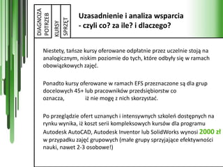 DIAGNOZA
                    Uzasadnienie i analiza wsparcia


POTRZEB


           SPRZĘT
           KURSY
                    - czyli co? za ile? i dlaczego?


   Niestety, taosze kursy oferowane odpłatnie przez uczelnie stoją na
   analogicznym, niskim poziomie do tych, które odbyły się w ramach
   obowiązkowych zajęd.

   Ponadto kursy oferowane w ramach EFS przeznaczone są dla grup
   docelowych 45+ lub pracowników przedsiębiorstw co
   oznacza,        iż nie mogę z nich skorzystad.

   Po przeglądzie ofert uznanych i intensywnych szkoleo dostępnych na
   rynku wynika, iż koszt serii kompleksowych kursów dla programu
   Autodesk AutoCAD, Autodesk Inventor lub SolidWorks wynosi 2000 zł
   w przypadku zajęd grupowych (małe grupy sprzyjające efektywności
   nauki, nawet 2-3 osobowe!)
 