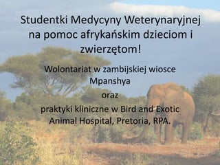 Studentki Medycyny Weterynaryjnej
  na pomoc afrykaoskim dzieciom i
           zwierzętom!
    Wolontariat w zambijskiej wiosce
                Mpanshya
                    oraz
   praktyki kliniczne w Bird and Exotic
     Animal Hospital, Pretoria, RPA.
 