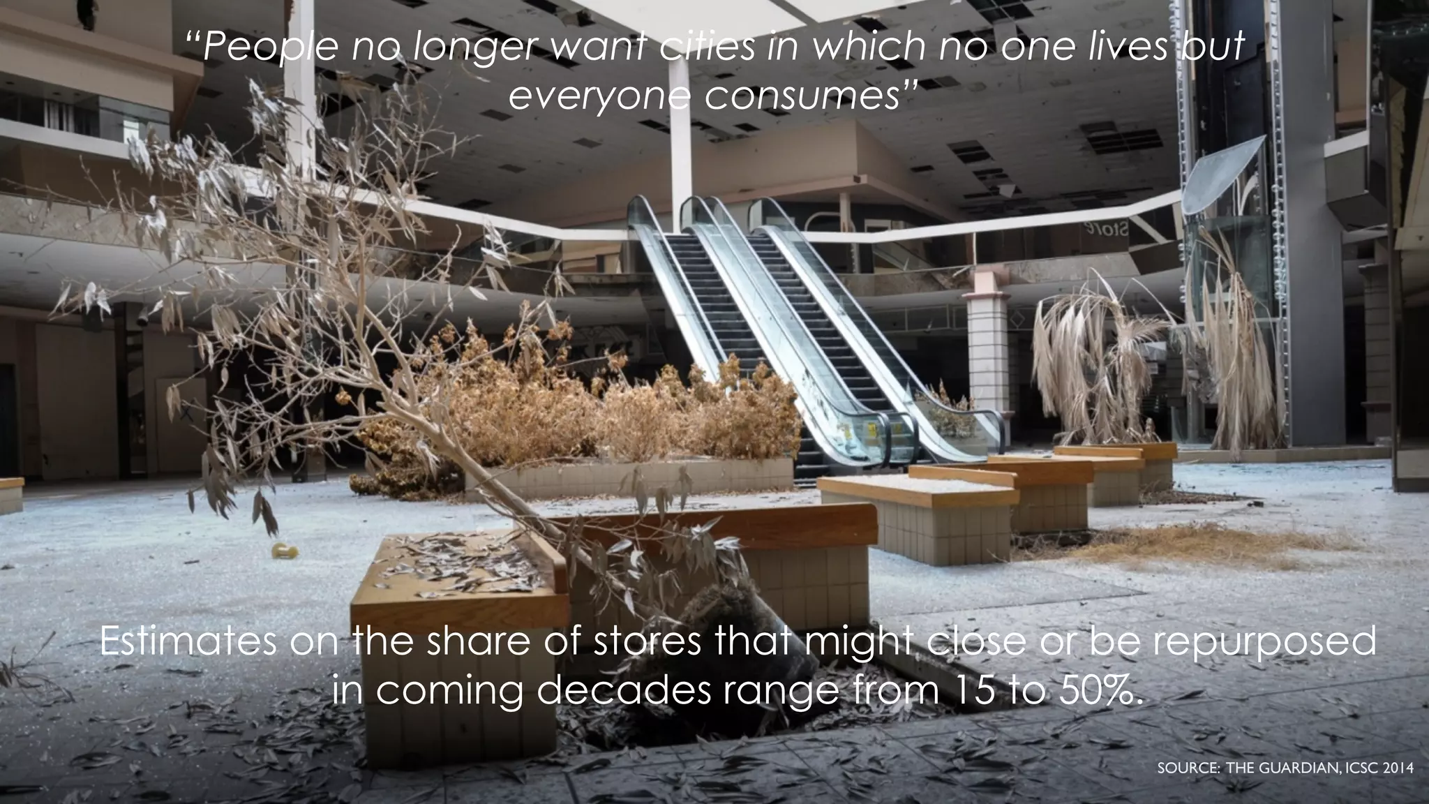 Estimates on the share of stores that might close or be repurposed
in coming decades range from 15 to 50%.
“People no longer want cities in which no one lives but
everyone consumes”
SOURCE: THE GUARDIAN, ICSC 2014
 