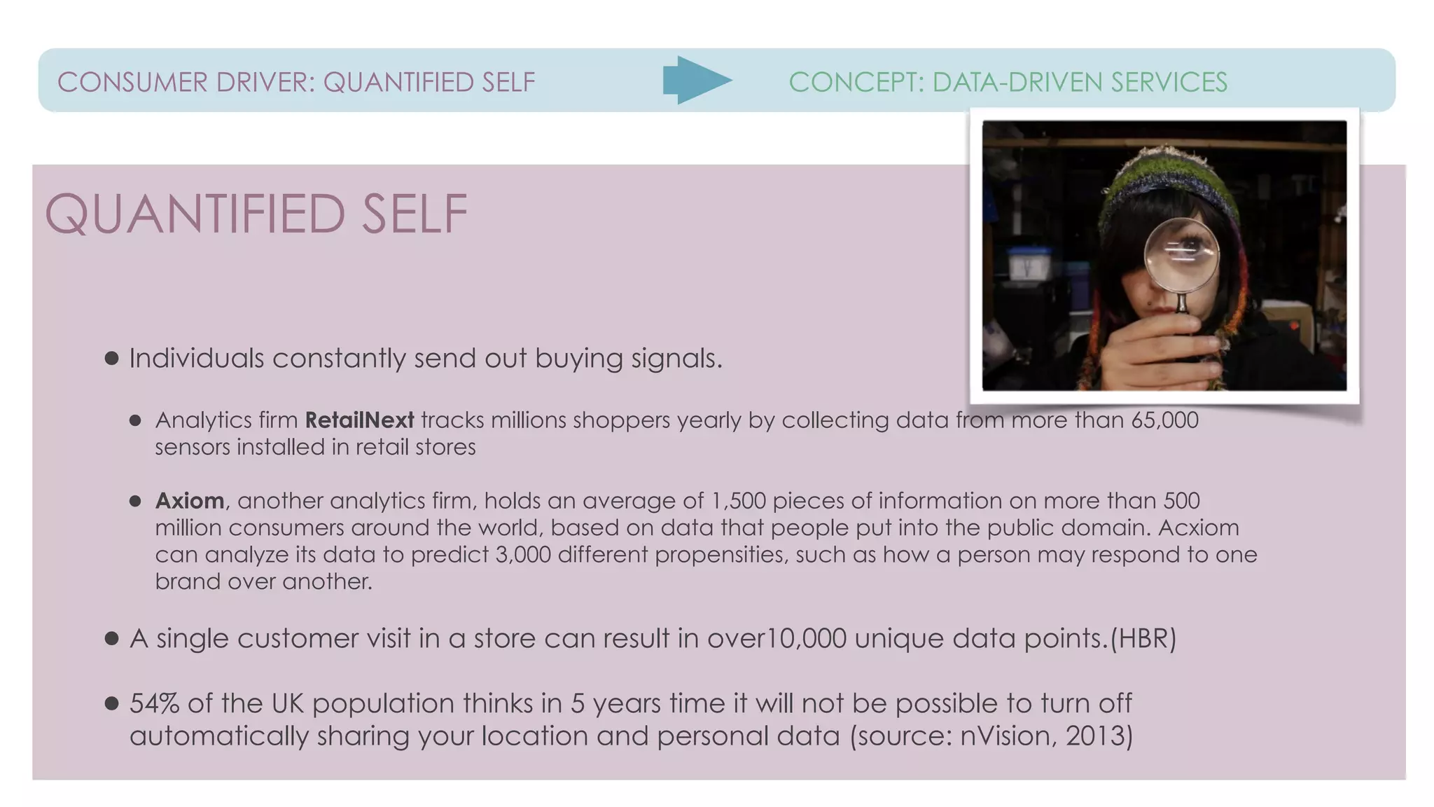 CONSUMER DRIVER: QUANTIFIED SELF CONCEPT: DATA-DRIVEN SERVICES
QUANTIFIED SELF
!
!
!
!
!
!
!
!
•Individuals constantly send out buying signals.
!
• Analytics firm RetailNext tracks millions shoppers yearly by collecting data from more than 65,000
sensors installed in retail stores
!
• Axiom, another analytics firm, holds an average of 1,500 pieces of information on more than 500
million consumers around the world, based on data that people put into the public domain. Acxiom
can analyze its data to predict 3,000 different propensities, such as how a person may respond to one
brand over another.
!
•A single customer visit in a store can result in over10,000 unique data points.(HBR)
!
•54% of the UK population thinks in 5 years time it will not be possible to turn off
automatically sharing your location and personal data (source: nVision, 2013)
!
 