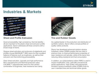 17
Industries & Markets
Sheet and Profile Extrusion
Good processability, high consistency, thermal stability –
all are important to the plastic sheet and extrusion profile
applications. Styron addresses all these concerns with a
broad range of resins.
Opaque sheet extruders and producers of edgebands and
profiles choose MAGNUM™ ABS resins for their excellent
balance of features such as toughness, as well as their
extrusion and thermoforming processability.
Clear sheet extruders, specialty and high-performance
films manufacturers and floormat producers value
CALIBRE™ polycarbonate resins for their perfect
combination of toughness, heat resistance and clarity.
Tire and Rubber Goods
As a global leader in the production and distribution of
synthetic rubbers, Styron offers a broad portfolio of
quality rubber products.
Styron has developed enhanced solution styrene
butadiene rubber (SSBR) grades that are used in
premium tires, to improve performance properties of
wear resistance and wet-grip, while at the same time
reducing rolling resistance and fuel consumption.
In addition, our polybutadiene rubber (PBR) is used in
impact modification, tires, golf balls and technical
goods applications. High quality cold polymerized
emulsion styrene butadiene rubber (ESBR) finds its
use in standard tires and technical rubber goods.
 
