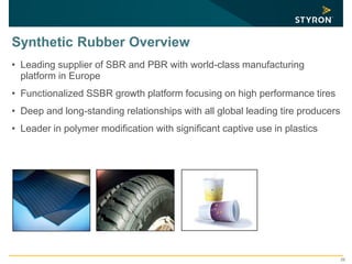 22
Synthetic Rubber Overview
• Leading supplier of SBR and PBR with world-class manufacturing
platform in Europe
• Functionalized SSBR growth platform focusing on high performance tires
• Deep and long-standing relationships with all global leading tire producers
• Leader in polymer modification with significant captive use in plastics
 