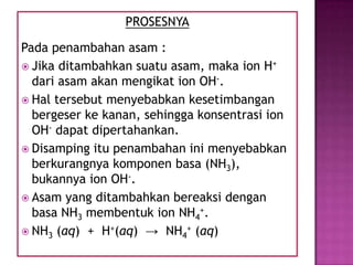 PROSESNYA
Pada penambahan asam :
 Jika ditambahkan suatu asam, maka ion H+
dari asam akan mengikat ion OH-.
 Hal tersebut menyebabkan kesetimbangan
bergeser ke kanan, sehingga konsentrasi ion
OH- dapat dipertahankan.
 Disamping itu penambahan ini menyebabkan
berkurangnya komponen basa (NH3),
bukannya ion OH-.
 Asam yang ditambahkan bereaksi dengan
basa NH3 membentuk ion NH4
+.
 NH3 (aq) + H+(aq) → NH4
+ (aq)
 